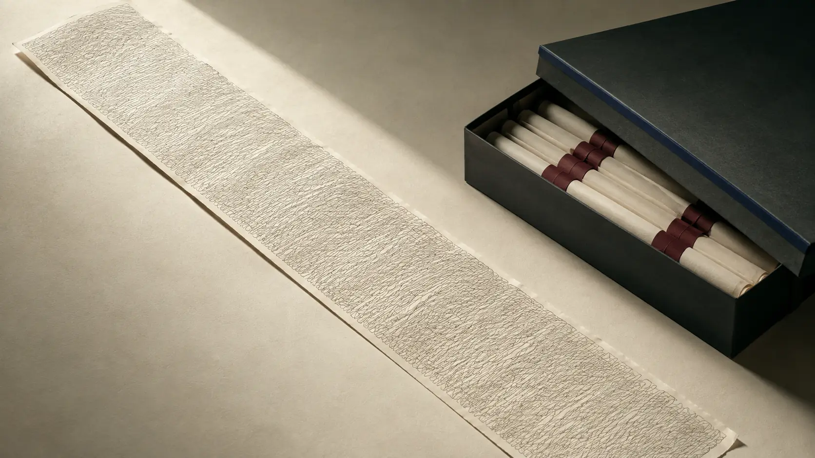 Ein langer, dicht beschriebener Papierstreifen liegt offen im Tageslicht, daneben eine halb geöffnete dunkle Archivschachtel mit gleichartigen, rot verschnürten Rollen
