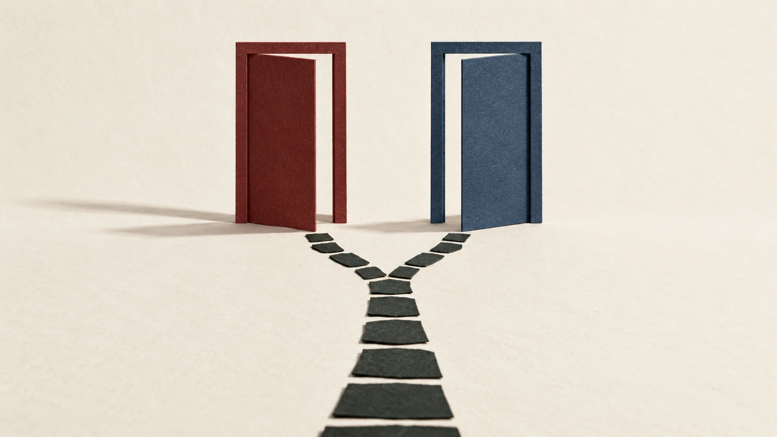 Papiercollage: zwei einen Spalt geöffnete Papiertüren in Rot und Blau, davor ein Weg aus schwarzgrünen Platten, der sich zu beiden Türen teilt