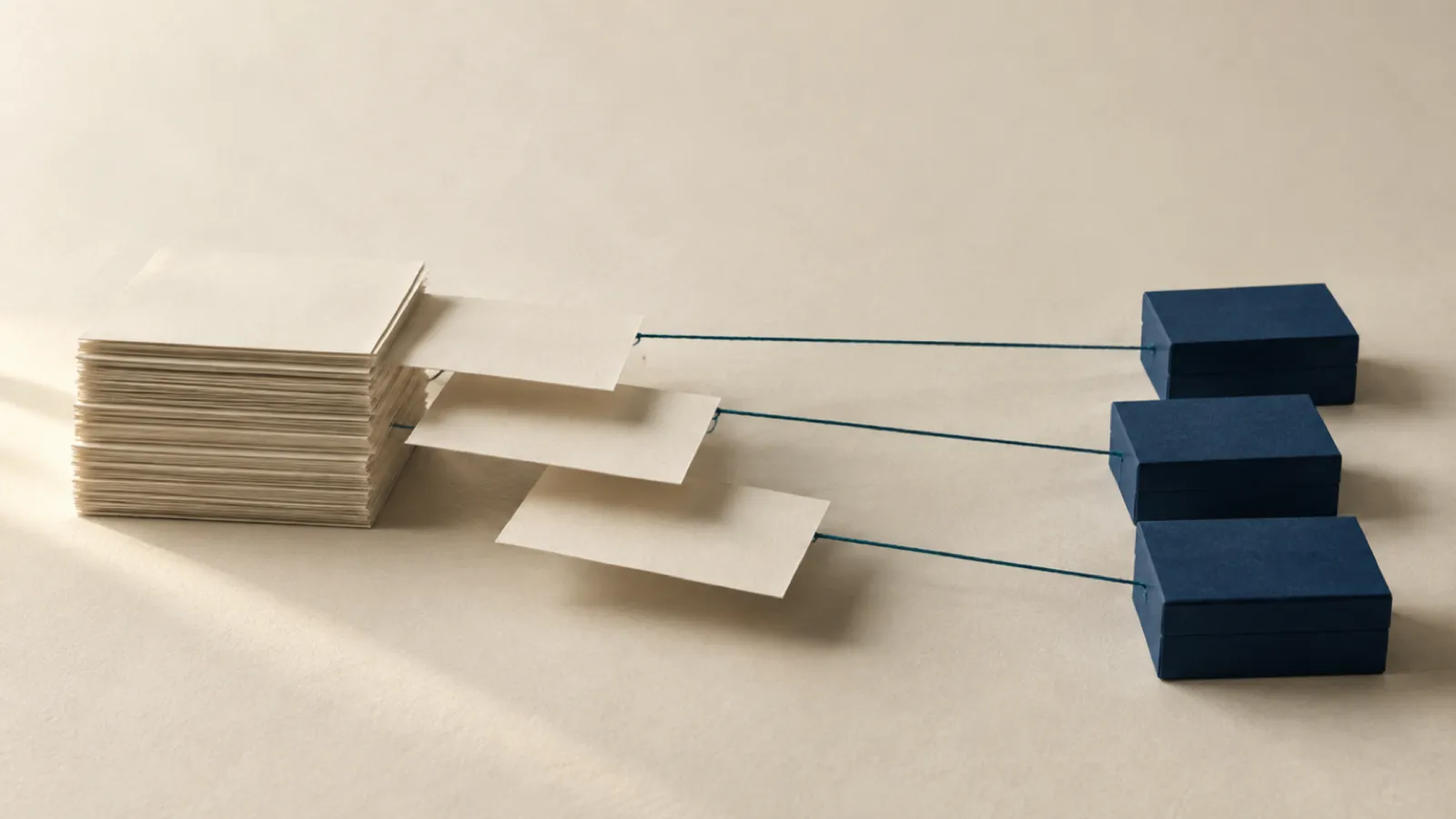 Papiercollage: ein Stapel leerer elfenbeinfarbener Blätter, von dem drei Blätter an dünnen Fäden zu drei geschlossenen dunkelblauen Schachteln gezogen werden