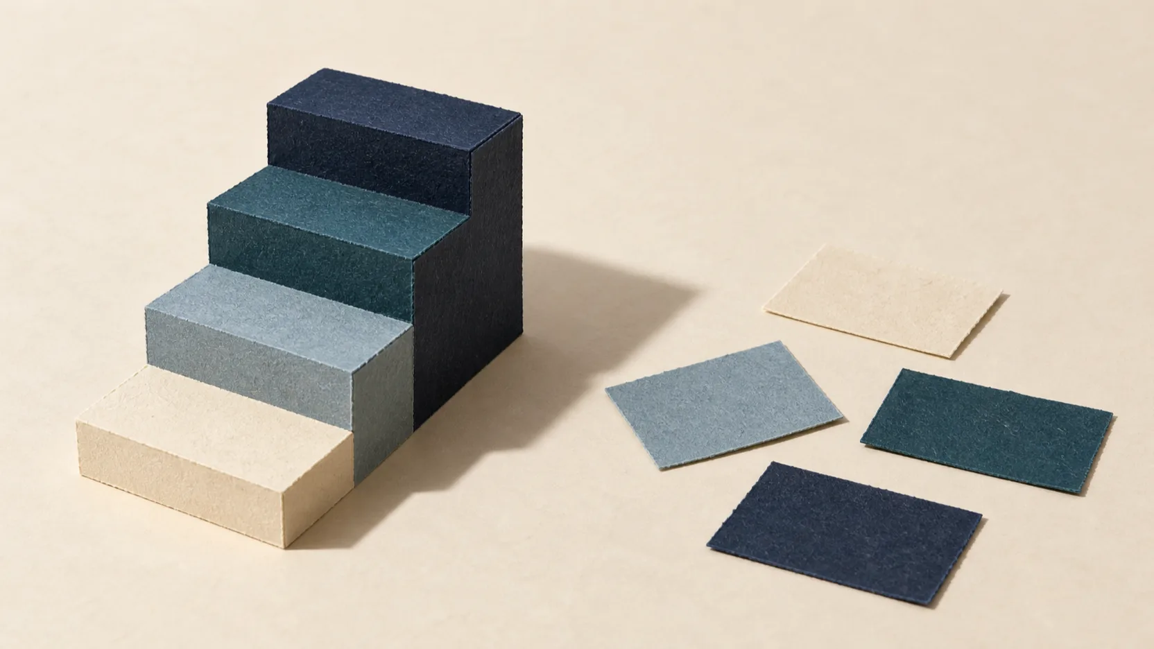 Papiercollage: eine aus Papier gebaute Treppe mit vier Stufen in gedeckten Farbtönen, daneben liegen vier lose Papierstücke derselben Töne unsortiert flach auf dem Untergrund